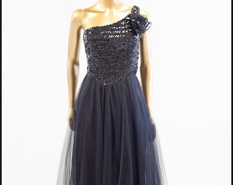 Robe asymétrique originale vintage des années 1980 en sequin noir et tulle - Taille Medium - Livraison gratuite dans le monde entier