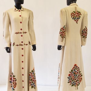 Originele True Vintage jaren 40 geborduurde crèmekleurige wollen maxi-jas - maat Small Medium - gratis verzending wereldwijd