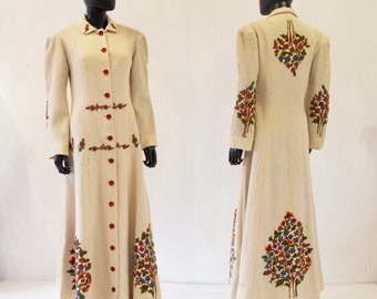 Original True Vintage Antque Embroidered Cream Wool Maxi Coat - Arts and Crafts - Size Small - Free Shipping Worldwide