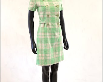 Original True Vintage 1960s Green Wool Plaid Mini Mod Dress - Size Small - Free Shipping Worldwide