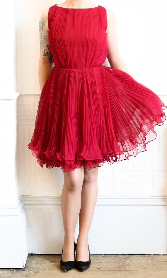 Original vintage 1960s cherry red pleated chiffon