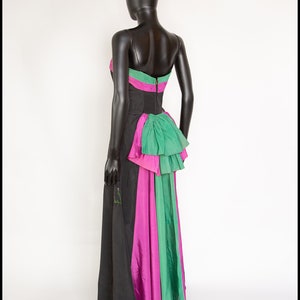Original True Vintage 1940s Black Pink and Green Taffeta Gown Dress - Size Small - Free Shipping Worldwide