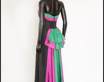 Original True Vintage 1940s Black Pink and Green Taffeta Gown Dress - Size Small - Free Shipping Worldwide