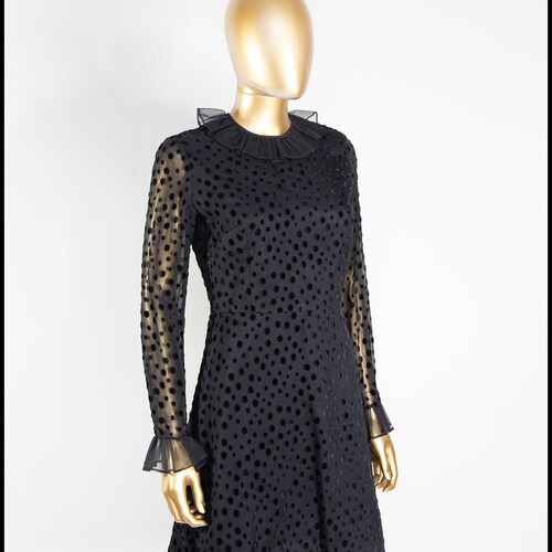 Vintage 1960s Black Devore Dot Ruffle shops Mini Dress With Sleeves - Size Small - Free shipping Worldwide