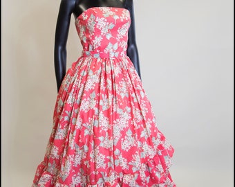 Liberty Print Red Lilac Cotton Lawn Strapless Midi Dress with full skirt by Alexandra King OOAK