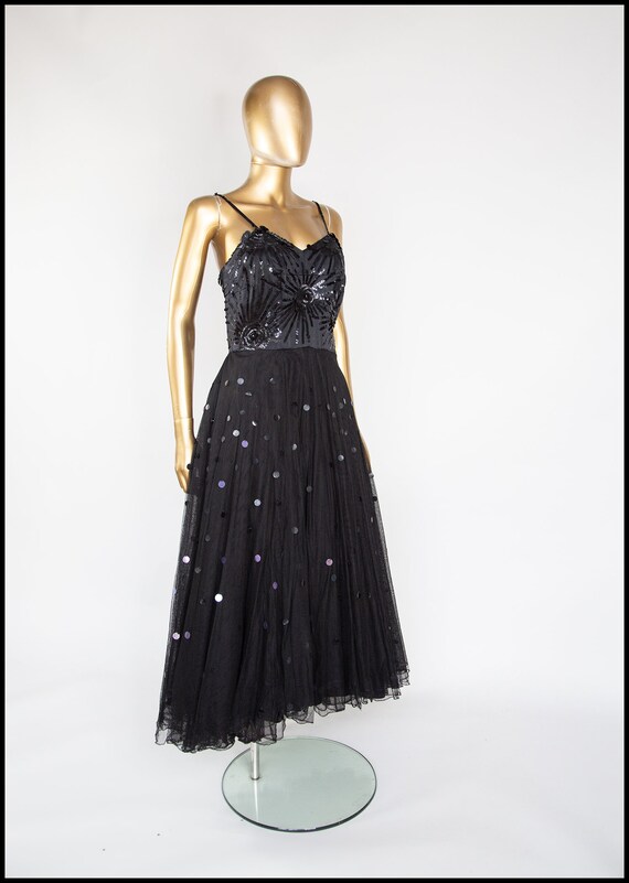 Original True Vintage 1950s Black Tulle Sequin Ballerina Length Dress - Size Medium Waist: 30" - Worldwide Original True Vintage 1950s Black Tulle Sequin Ballerina Length Dress - Size Medium Waist: 30" - Worldwide