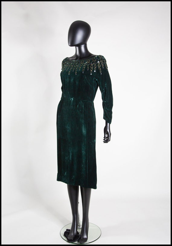 Original True Vintage 1950s Dark Green Silk Velvet Beaded Pencil Dress - Size Small - Worldwide