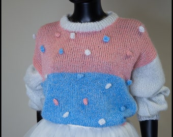 Original Vintage 1980s Pink and Blue Mohair Popcorn Dot Hand Knit Sweater Jumper - One Size - Free Shipping Worldwide