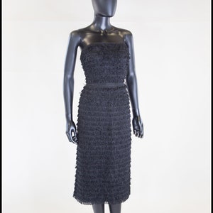 Original True Vintage 1950s Black Tasselled Fringed Wiggle Dress - Size Small - Free Shipping Worldwide