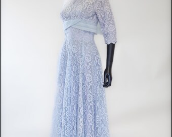 Original True Vintage 1950s Pale Blue Lace Maxi Evening Gown Dress - Size small - Free Shipping Worldwide