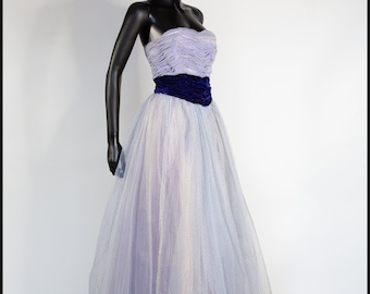 Original Vintage 1950s Blue Flocked Ballgown Prom Dress  - Small - FREE SHIPPING WORLDWIDE