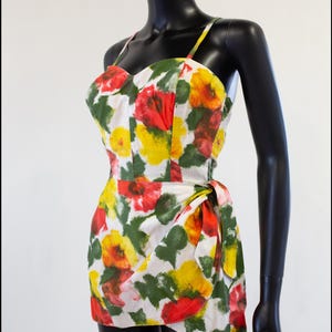 Original Vintage 1950 Jantzen Cotton Swimsuit Yellow, Red Green Print - Size Small Medium