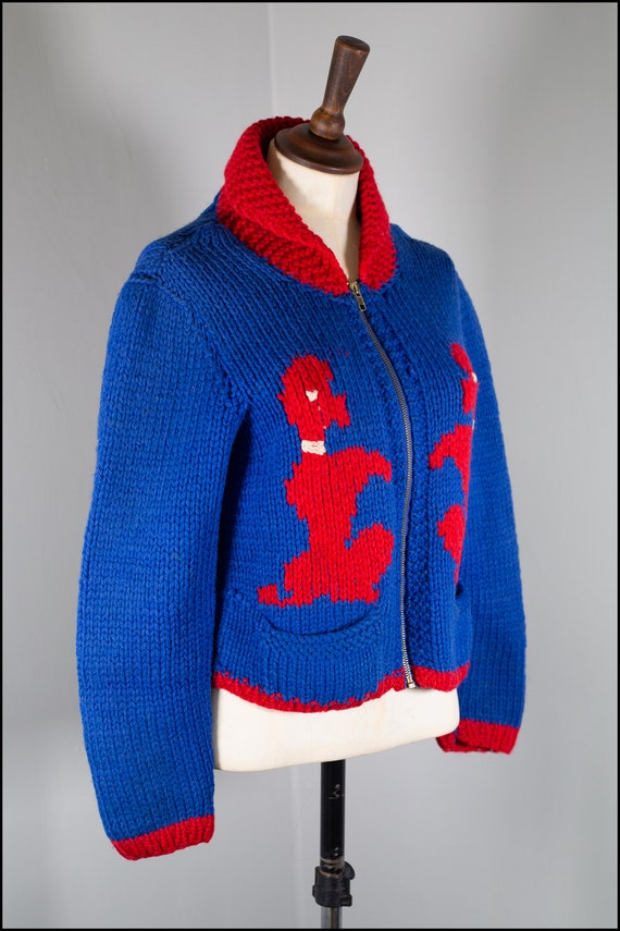 Original vintage 1950s royal blue and red hand kni