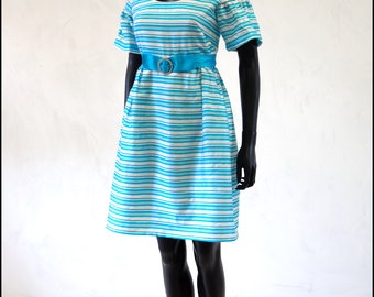 Original True Vintage 1960s Blue Stripe Mini Party Cocktail Dress - Size Small - Free Shipping Worldwide