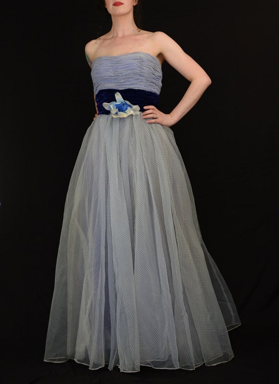 Original Vintage 1950s Blue Flocked Ballgown Prom