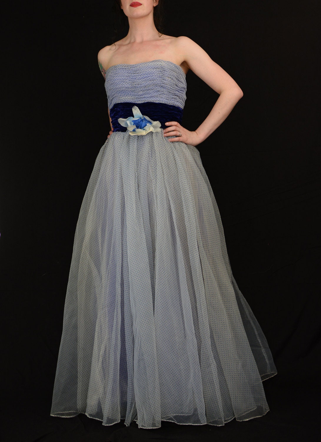 Image of Original Vintage S Blue Flocked Ballgown Prom Dress - Small Free Shipping Worldwide