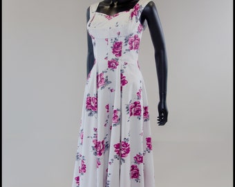 Originele echte vintage jaren 1950 bloemen rozenprint katoenen maxi jurk ballgown in roze en wit - Maat Small - Gratis verzending wereldwijd