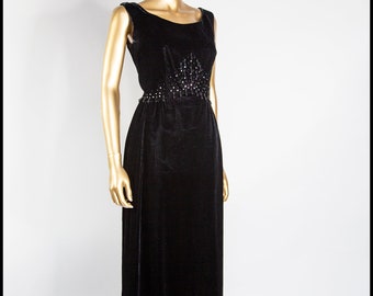 Original vintage 1960s Black velvet maxi dress FREE SHIPPING