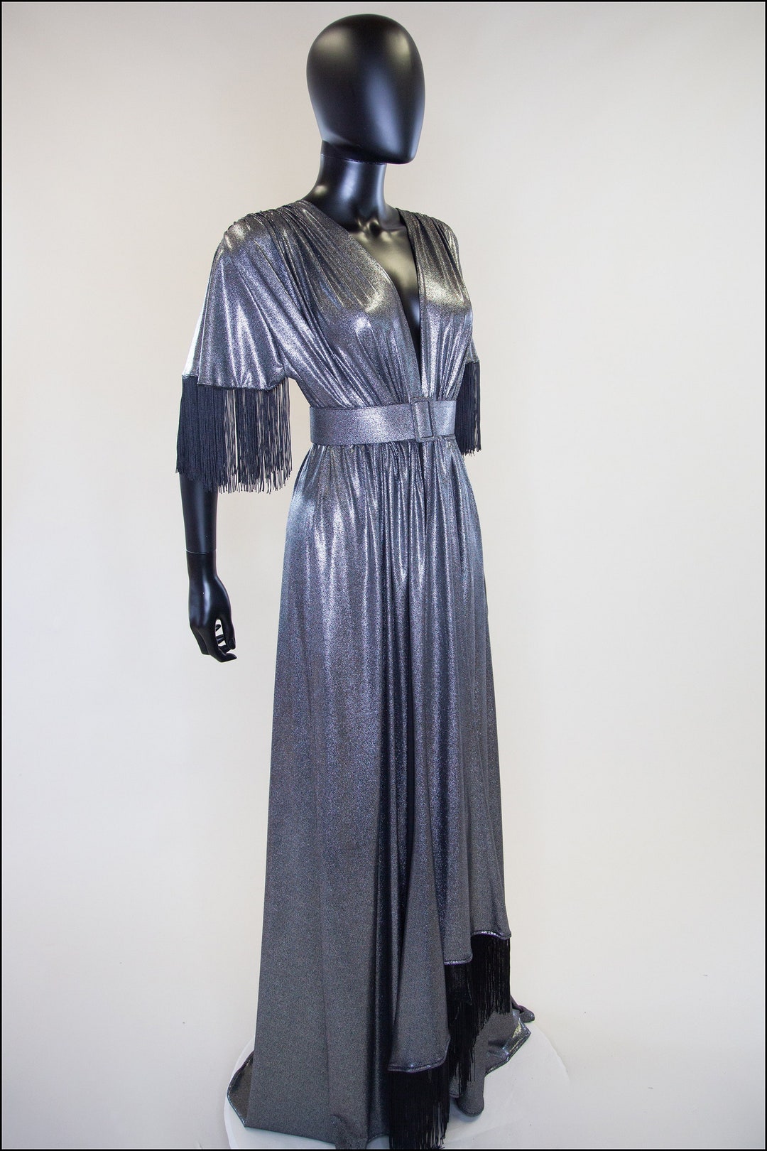 Silver Metallic Lame Fringed Maxi Dress by Alexandra King One Size Free