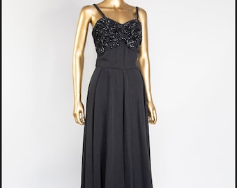 Original Vintage 1940s 1950s Black Grosgrain Strappy Sequin Maxi Evening Gown Dress Size Small Waist 26" Free Shipping