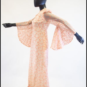 Original vintage 1970s peach floral devore maxi dress with flared angel sleeves - Size Small - Free Shipping Worldwide