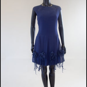 Original true vintage 1960s navy blue silk chiffon flower tasselled cocktail dress - Size Small - Free Shipping Worldwide