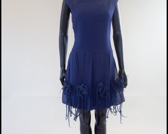 Original true vintage 1960s navy blue silk chiffon flower tasselled cocktail dress - Size Small - Free Shipping Worldwide