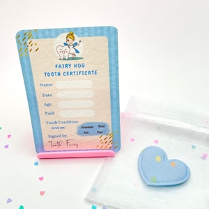 Câlin de poche bleu fée des dents, coffret cadeau fée des dents, sac cadeau en organza et étiquette gratuits