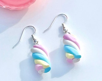 Sterling Silver Flump Marshmallow Dangly Dropper Handmade Earrings Fimo Polymer Clay Jewellery gift for her