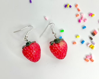 Strawberry Dangle Earrings: Sterling Silver Wires, Resin Fruit Charm