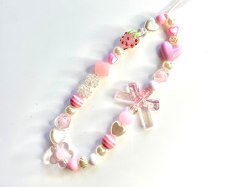 Pink Strawberry Heart Bow Mobile Phone Charm Lanyard Wrist Strap - Gift Bag Included