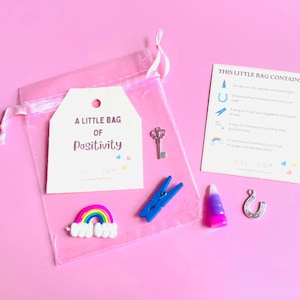 Peut inclure: Un petit sac en organza rose avec une étiquette « A Little Bag of Positivity ». Il contient un charm arc-en-ciel, une pince à linge bleue, une clé, un objet violet et rose et un charm fer à cheval. Une carte détaille le contenu et sa signification.