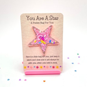 Câlin de poche Vous êtes une étoile - Jolie étoile rose scintillante scintillante - Cadeau pensez à vous - Cadeau anxiété - Envoi d'un câlin - Sac cadeau Inc