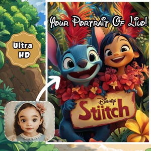 Portrait lilo and stitch, Lilo and stitch, Cartoon Portrait from Photo, Disney stitch, Lilo, Custom portrait, Personalized gift, Little girl