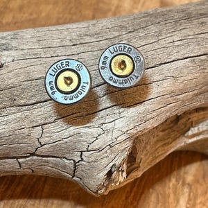 9mm bullet shell stud earrings – unique handcrafted recycled jewelry, bold gift for her, rustic boho & country chic style.