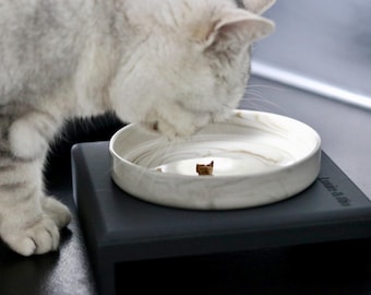 Basics: Set of ergonomic cat bowl riser (straight) & marble bowl "Comfort" Ø 16 cm – Designer feeding station to prevent vomiting, personalized