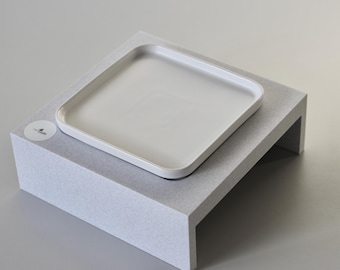 Exclusive: Set of square bowl riser (straight) & white bowl "Clear edge" (4 cm high), ultra-flat to prevent whisker stress, CAT LOURI