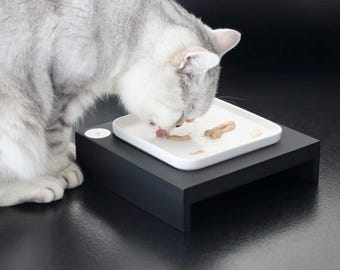 Basics: Set of straight cat bowl risers (square design) & white bowl "Clear edge", bowl riser, feeding station, cat bowl, CAT LOURI