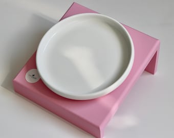 Pop of Color: Set of slanted cat bowl risers + white ceramic bowl, cat bowl riser, feeding station, white cat bowl, feeding area