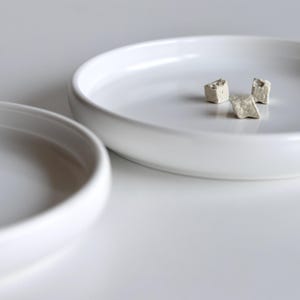 May include: Three small, white, irregularly shaped ceramic pieces on a white ceramic plate.