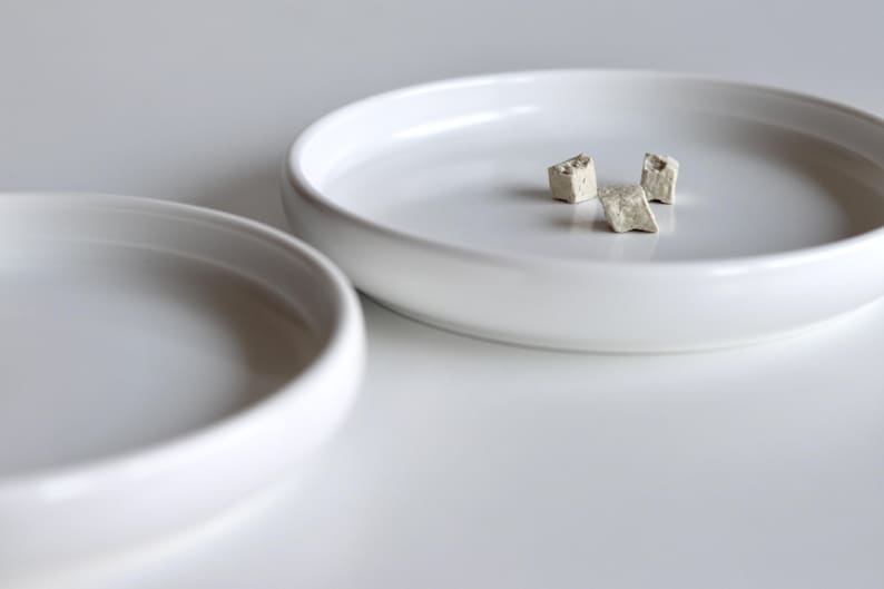 May include: Three small, white, irregularly shaped ceramic pieces on a white ceramic plate.
