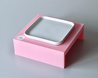 Pop of Color: Set Square Bowl Riser (Straight) & White Bowl "Clear Edge" (4 cm high), Ultra-flat to prevent whisker stress, CAT LOURI
