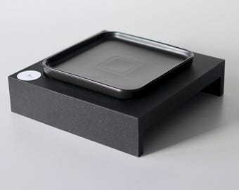 Exclusive: Set of square bowl risers (straight) & black bowl "Clear edge" (4 cm high), ultra-flat to prevent whisker stress, CAT LOURI