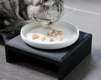 Basics: Set of straight cat bowl risers & white ceramic bowl, cat bowl riser, feeding station, white cat bowl, feeding area, CAT LOURI