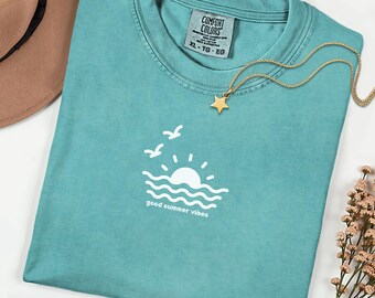 Good Summer Vibes Shirt, Comfort Colors Beach Tee, Minimal Sun & Waves Graphic, Coastal Vacation