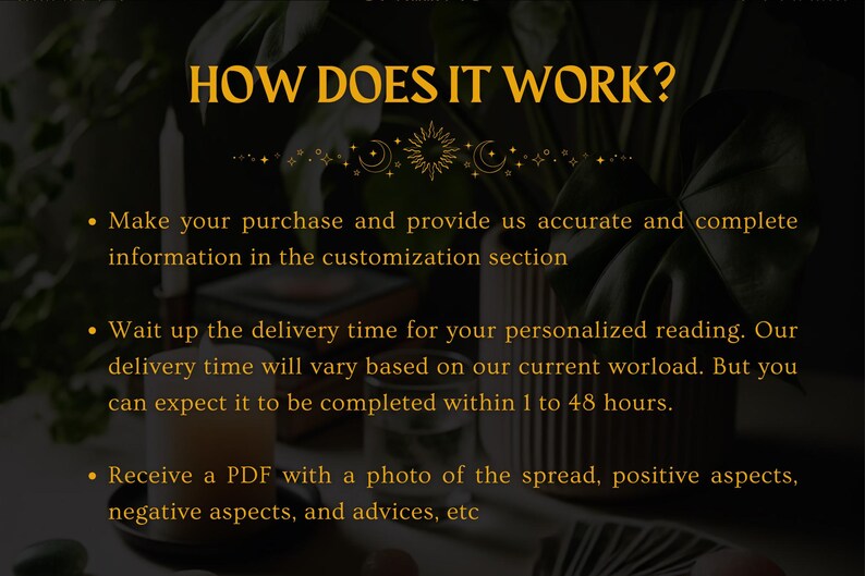 May include: A black and gold graphic with the text "HOW DOES IT WORK?" and three bullet points describing the process of purchasing a personalized reading. The bullet points include information about making a purchase, waiting for delivery, and receiving a PDF with a photo of the spread, positive aspects, negative aspects, and advice.