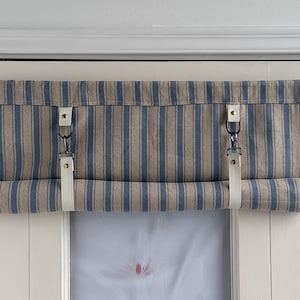 Beige Stripe Roll Up Shade, French Door Curtain Valance with Velcro Attachment  Straps, Custom Valance, One Panel.