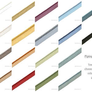 May include: A collection of fabric piping strips arranged in a grid, showcasing a variety of solid colors including white, gold, purple, blue, teal, beige, brown, orange, green, red, and black, with text reading Piping selection.