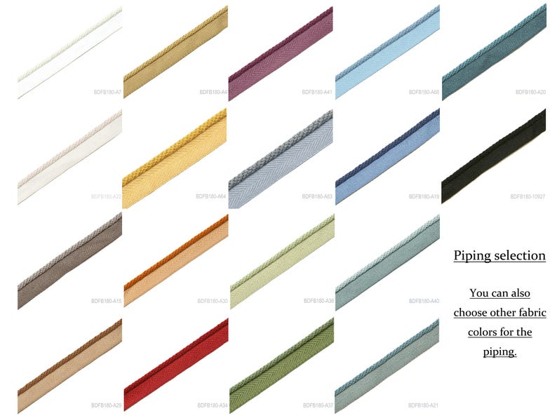 May include: A collection of fabric piping strips arranged in a grid, showcasing a variety of solid colors including white, gold, purple, blue, teal, beige, brown, orange, green, red, and black, with text reading Piping selection.