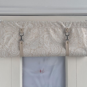 Beige Roll Up Shade, French Door Curtains, Leather Roll Up Blind Holder Strap, Light Filtering, Custom Size.